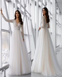 2020 Hot Sale Mermaid Wedding Dresses V-neck Long Sleeve Appliques Lace Boho Bridal Gown Backless Sweep Train Custom Made Vestidos De Novia