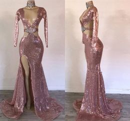 Sequined Mermaid Prom Dresses Sexy Cutaway Sides robes de soiree Side Split Long Sleeves Evening Dress Sweep Train Cocktail Party Gowns