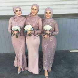 Blush Muslim Bridesmaid Dresses Mermaid High Neck Long Sleeve Formal Evening Gown Lace Maid Of Honor Dresses 2020 Elegant Wedding Guest