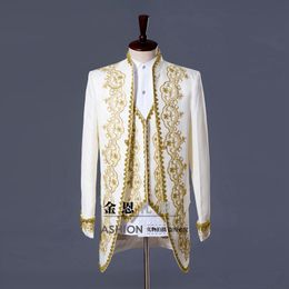 style Gold white embroidery men Tuxedos Classic Groomsmen Men Wedding SuitJacket Pants vest white black actual pictures265J