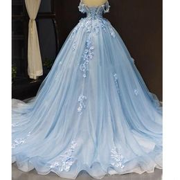Light Sky Blue Ball Gown Quinceanera Dresses Off Shoulder Appliques Prom Evening Party Gowns for Sweet 15 vestidos de quinceanera1943