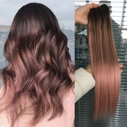 Remy Human Hair Double Weft Hair Extensions Balayage Ombre Colour #3 Dark Brown Fading to Rose gold Ombre Colour Extensions