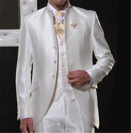 Shinny Ivory Groom Tuxedos Mandarin Lapel Groomsmen Wedding Dress Fashion Man Jacket Blazer 3 Piece Suit(Jacket+Pants+Vest+Tie) 1815