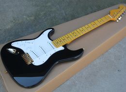 Left Handed Black Electric Guitar with Gold Hardware,SSS Pickups,White Pickguard,Yellow Maple Neck,Can be Customised as Request