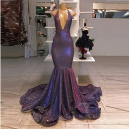 Sequins Mermaid Prom Dresses Sexy Halter Deep V Neck Red Carpet Dresses Party Evening Wear Sweep Train Formal Backless Cocktail Gowns