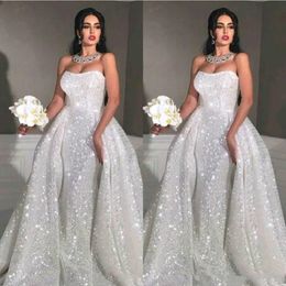 2020 New Arabic Glitter Mermaid Wedding Dresses With Detachable Train Strapless Full Sequin Plus Size Overskirt Country Bridal Gowns 2066