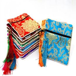 Tassel Jacquard Rich Flower Small Zip Bag Party Favor Bags Chinese Silk Brocade Bag Coin Purse Square Jewelry Bracelet Pouch 50pcs/lot