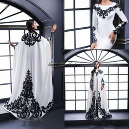 Vintage Black and White Kaftan Dubai Abaya Mermaid Evening Dresses with Cape Jewel Neck Long Sleeve Prom Special Occasion Party Gown