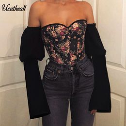 2020 Fashion Gathered Puff Sleeve Print Wrap Tops Women Summer Elegant Long Sleeve Off Shoulderback Lace Up Sexy Blouse