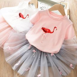 Kids Cute Cartoon Printed Flamingo T-shirt + mesh Skirt 2pcs dress set for summer baby girl sweet outfits cake layer tutu dresses suit