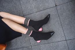 Hot Sale- Women Sock Boots Sexy Pointed Toe Short Botines Mujer Apricot Chunky High Heels Booties Women Botas Femmes