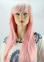 FREE SHIPPING+ ++ Women Long Curly Pink And White Hair Anime Cosplay Wigs Full Wig Fancy Cosplay Wig