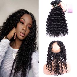 Peruvian Human Hair 3 Bundles With 360 Lace Frontals With Baby Hairs Deep Wave Curly Virgin Hair Extensions With Frontal 10-30inch