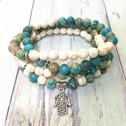 MG0592 White Turquoise 108 Mala Bracelet Natural Blue Regalite Women`s Yoga Necklace Hamsa Charm Personal Spiritual Jewellery