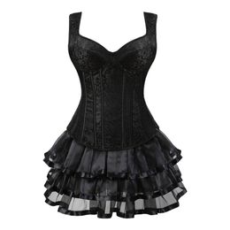 Women Corset Vest Skirt Set Retro Steampunk Side Zipper Halterneck Jacquard Overbust Bustier with Layered Mini Skirt Plus Size S-6XL