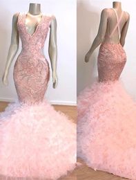 Baby Pink Mermaid African Prom Dresses 2020 Cascading Ruffles Train Long Evening Gowns with Applique Sequins Bodice Evening Gowns BC1619