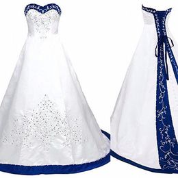 Royal Blue And White A Line Wedding Dress 2022 Princess Satin Lace up Back Court Train Long Wedding Gowns