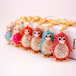 Colorful Cute Bag Keychain Rhinestone Animal Penguin Pendant Car Accessories Key Chains Gold Tone Lobster Clasp Key Ring Holder