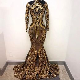 Luxury Gold Arabic Mermaid Prom Dresses High Neck Long Sleeve Lace Sequined Evening Gowns Party Dress Plus Size Caftan Moroccan Abendkleider