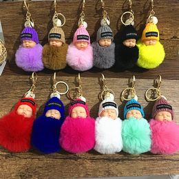 Cute Sleeping Baby Doll Keychain Pompom Rabbit Fur Ball Carabiner Key Chain Keyring Women Kids Key Holder Bag Pendant key Ring