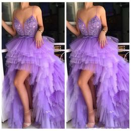 New Sexy Ball Gown Prom Dresses Spaghetti Lace Tulle Appliques Beading Sleeveless High-Low Putty Custom Party Gowns Evening Dress Wear