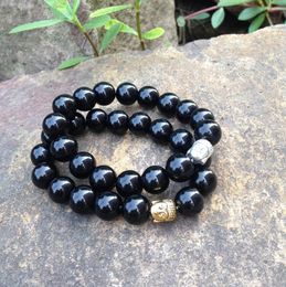 SN0366 Natural Stone Fashion 12mm Black Beads Stone Bracelet Men Mala Yoga Buddha bracelet christmas gift jewelry Free Shipping