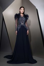 ziadnaked evening dresses with feathers beaded formal prom dress long dubai arabic navy blue red carpet party gowns