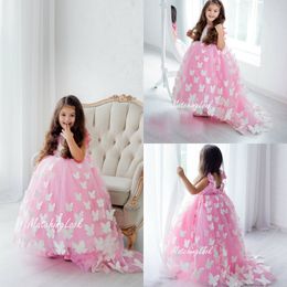 Butterfly Tutu Flower Girl Dresses Sweep Train Jewel Neck Backless Girls Princess Dress Custom Made Cute Christmas Gowns With Petticoat