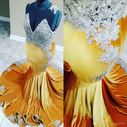 Sexy Gold Black Girls Mermaid Prom Dresses Beaded 3D Applique Lace Court Train Evening Gowns African Formal Dress vestidos de fiesta