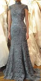 latest 2020 mother of the bride dresses high neck mermaid capped sleeves keyhole backless grey lace wedding dresses evening gowns