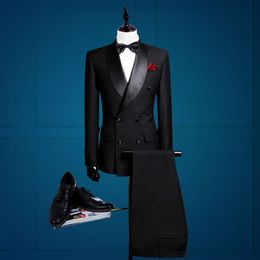 Black Groom Tuxedos Shawl Lapel Men Wedding Tuxedos Double-Breasted Jacket Blazer Fashion Men Dinner/Darty Suit(Jacket+Pants+Tie) 1170