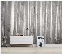 modern living room wallpapers Modern minimalist hand painted woods birch forest tv background wall painting