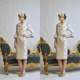 Elegent Jillharvey Sheath Mother of The Bride Dresses 3/4 Long Sleeve Wedding Guest Dress Satin Applique Jewel Knee Length Evening Gowns