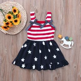 Girls Striped Dresses American Independence Day Splice Outfits Kids Designer Clothes Stars Vest Ruffle Dress Toddler Baby Clothes M1939