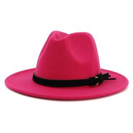 Fashion Plain Dyed Wool Felt Fedora Jazz Hat Cap Handmade Belt Decor Wide Brim Panama Style Formal Hat Cowboy Cap for Men Women