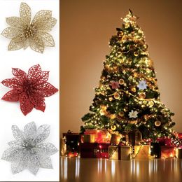 Glitter Artificial Hollow Flowers Christmas Tree Ornaments Artificial Christmas Flowers Wedding Party Xmas Tree Home Decorations