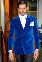 Velvet Groom Tuxedos Royal Blue Men Wedding Tuxedos Double-Breasted Peak Lapel Popular Men Business Dinner/Darty Suit(Jacket+Pants+Tie)6