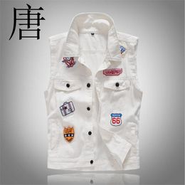 Tang cool 2019 Patch White Masculino Mens Single Breasted Men Vest Denim Jeans Waistcoat