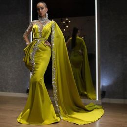 Luxury High Neck Mermaid Evening Dresses With Sheer Neckline Long Sleeve Beaded Prom Dress Satin robe de soiree Formal Party Gowns