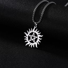 -Skyrim Edelstahl glänzende Sonne Pentagramm Anhänger Halskette Übernatürliche Dean Aussage Box Kette Halsketten Schmuck für Männer