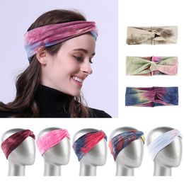 9 Colours Women Tie-Dyed Headband Elastic Cross Hairbands Yoga Fitness Sports Sweat Band Gradient Colour Wide Band Bohemian Headscarf M2249
