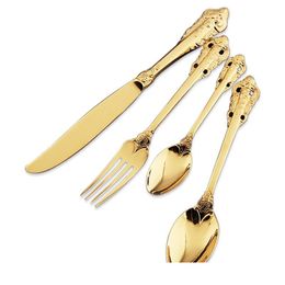 Gold SilaterWare Jeamebware Conjuntos de recuerdos de regalo de boda Conjuntos de cubiertos de acero inoxidable Reutilizable Cuchillo de cena Tenedor Spoon Setsets