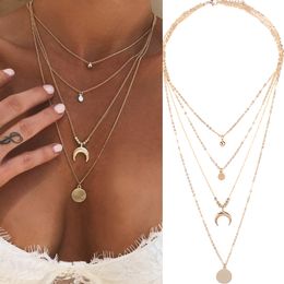Women Multilayer Choker Horn Long Crescent Moon Pendant Chain Necklace Chain Bohemia Jewelry