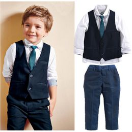 Kids Designer Clothes Gentleman Boys Shirts Vest Pants Ties 4pcs Sets England Style Toddler Suits Children Weddings Formal Clothing DW4412