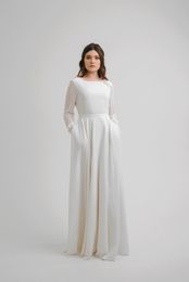 2020 Chiffon Modest Wedding Dress Boho Long Sleeves Simple Low V Back Custom Made Bogemian Informal Beach Bridal Gowns Simple A-line