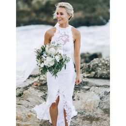 2020 beach wedding dresses Front Thighspit White Lace High Neck Open Back Summer Bohemian Wedding Dress Receotion Party Gowns Plus Size Boho