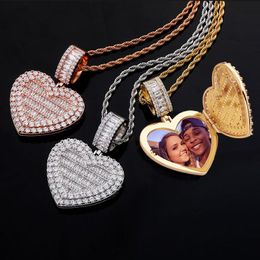 Rose Gold Iced Out Cubic Zirconia Custom Photo Pendant Necklace Love Heart Openable Rocket Charm Personalised Memorial Jewellery Valentine Gifts for Lovers Men Women