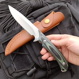 1Pcs New Outdoor Survival Straight Hunting Knife 440C Drop Point Satin Blade Full Tang G10 Handle Knives With Leather Sheath