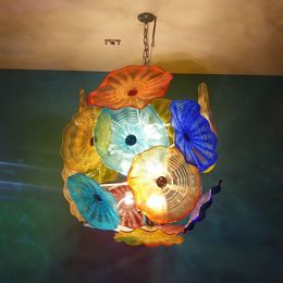 Modern Crystal Chandelier Lighting LED Multi Color Murano Plates Chain Pendant Light 32 Inches Hand Blown Glass Chandelier Lights for Home