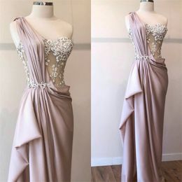 Sexy High-split Mermaid Evening Dresses One-shoulder Sleeveless Appliqued Lace Sequins Prom Dress Sweep Train Pageant Gown Custom Made